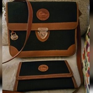 2 pc. Dooney & Bourke AWL British Carrier Black and Tan Pebbled Leather Set